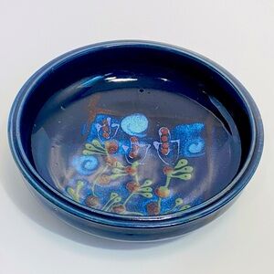Studio Art Pottery Navy Blue 7.5” Bowl Hand Painted Floral Design Artist Signed